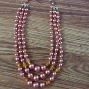 3 Strand Necklace Beads Pink Gold Orange Made Well Slightly Adjustable Perfect